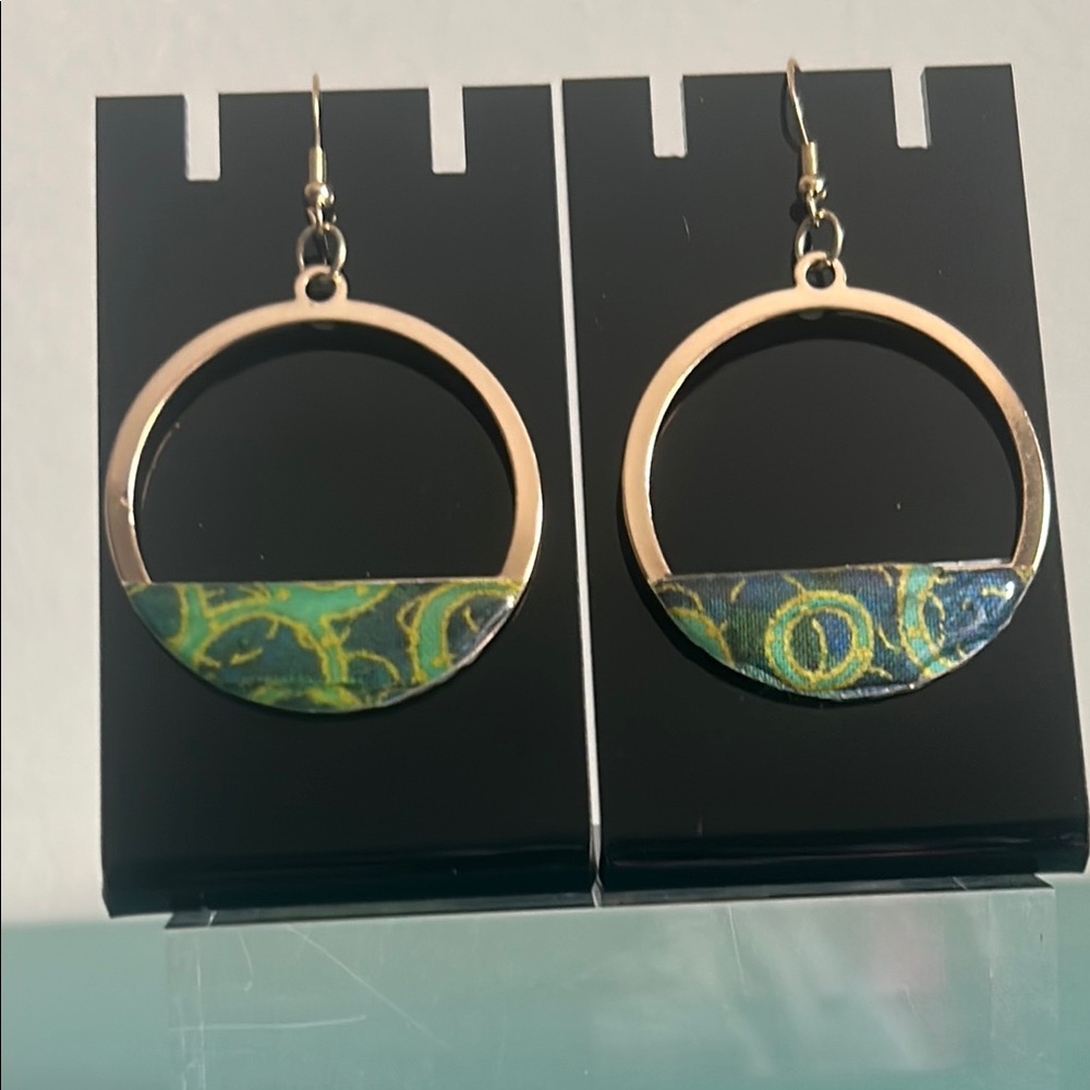 Gold Circle Drop Green Blue Acrylic Abstract Mosaic Hoop Earrings